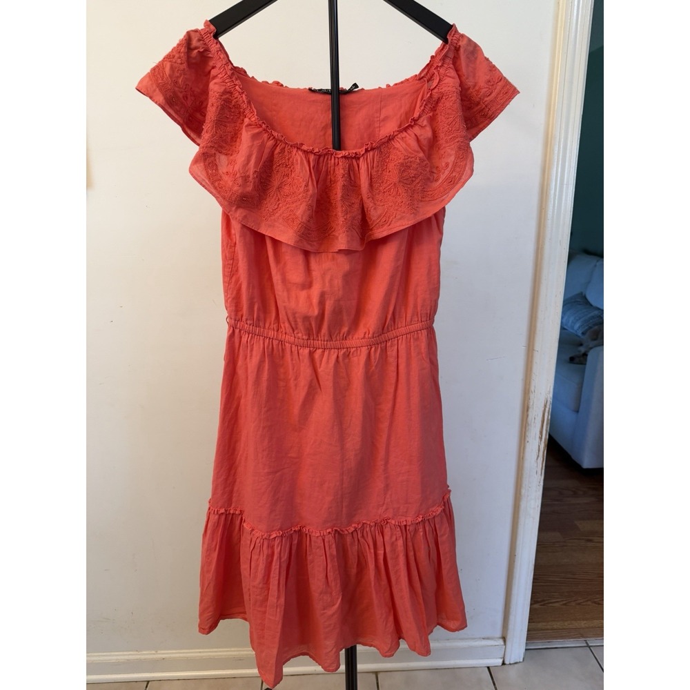 Lauren Ralph Lauren Off-Shoulder Dress Women's L Embroidered Ruffle Coral Boho
